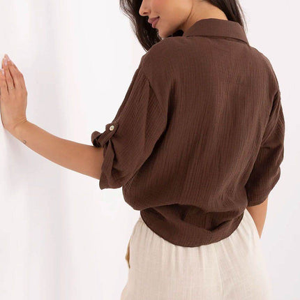Casual Cotton Tie-Front Shirt – 3/4 Sleeve, Button-Up with Printed Chest Pocket - MimiStylez