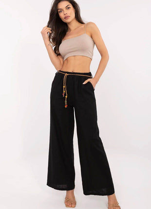 Linen-Cotton Wide-Leg Trousers – High Waist with Tie Belt - MimiStylez