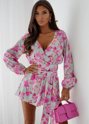 Flowy Wrap Jumpsuit with Puff Sleeves & Waist Tie – Stylish & Feminine Fit - MimiStylez