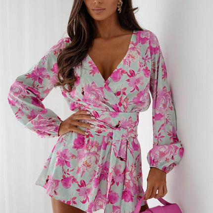 Flowy Wrap Jumpsuit with Puff Sleeves & Waist Tie – Stylish & Feminine Fit - MimiStylez