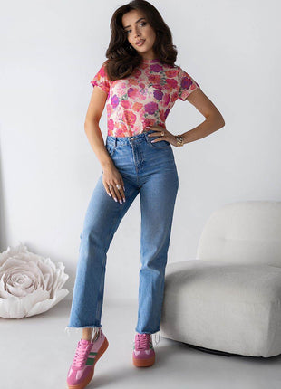 Sheer Tulle Blouse with Colorful Floral Print - MimiStylez