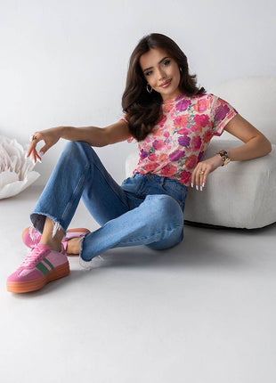 Sheer Tulle Blouse with Colorful Floral Print - MimiStylez