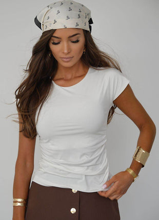Minimalist Short-Sleeve Blouse with Ruching & Classic Round Neckline - MimiStylez