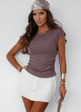 Minimalist Short-Sleeve Blouse with Ruching & Classic Round Neckline - MimiStylez