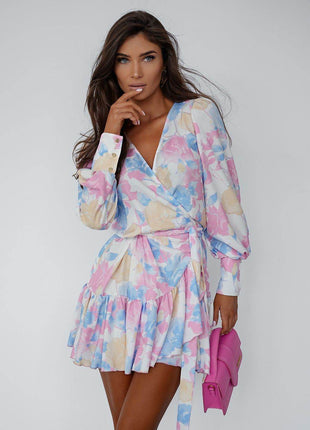 Short Wrap Dress with Sweetheart Neckline, Waist Tie & Ruffle Hem - MimiStylez
