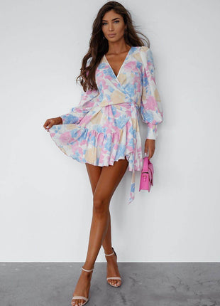 Short Wrap Dress with Sweetheart Neckline, Waist Tie & Ruffle Hem - MimiStylez