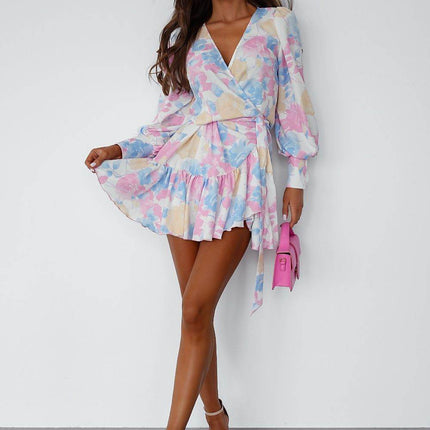 Short Wrap Dress with Sweetheart Neckline, Waist Tie & Ruffle Hem - MimiStylez