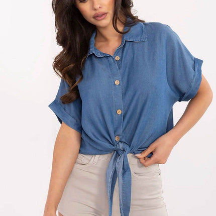 Light Tencel Short-Sleeve Shirt – Button-Up, Tie Front - MimiStylez