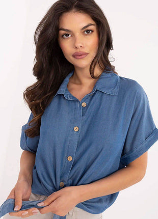 Light Tencel Short-Sleeve Shirt – Button-Up, Tie Front - MimiStylez