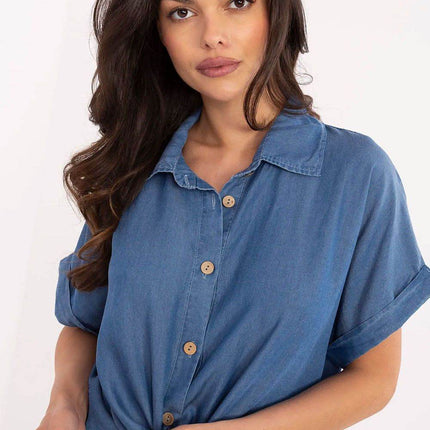 Light Tencel Short-Sleeve Shirt – Button-Up, Tie Front - MimiStylez