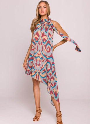 Asymmetrical Jacquard Halter Dress with Colorful Print & Open Back - MimiStylez