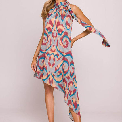 Asymmetrical Jacquard Halter Dress with Colorful Print & Open Back - MimiStylez