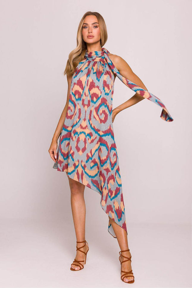 Asymmetrical Jacquard Halter Dress with Colorful Print & Open Back - MimiStylez