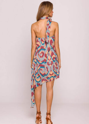Asymmetrical Jacquard Halter Dress with Colorful Print & Open Back - MimiStylez