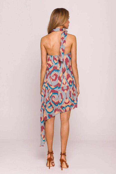 Asymmetrical Jacquard Halter Dress with Colorful Print & Open Back - MimiStylez