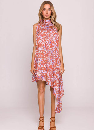 Asymmetrical Jacquard Halter Dress with Colorful Print & Open Back - MimiStylez