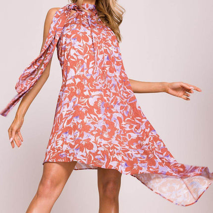Asymmetrical Jacquard Halter Dress with Colorful Print & Open Back - MimiStylez