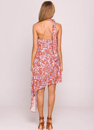 Asymmetrical Jacquard Halter Dress with Colorful Print & Open Back - MimiStylez