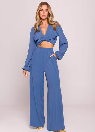 Wide-Leg Crepe Pants with High Elastic Waist - MimiStylez