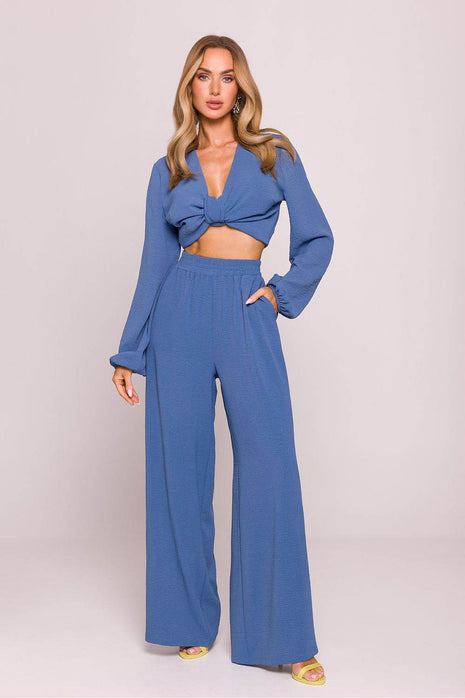 Wide-Leg Crepe Pants with High Elastic Waist - MimiStylez