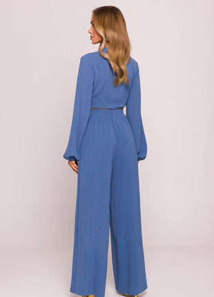 Wide-Leg Crepe Pants with High Elastic Waist - MimiStylez