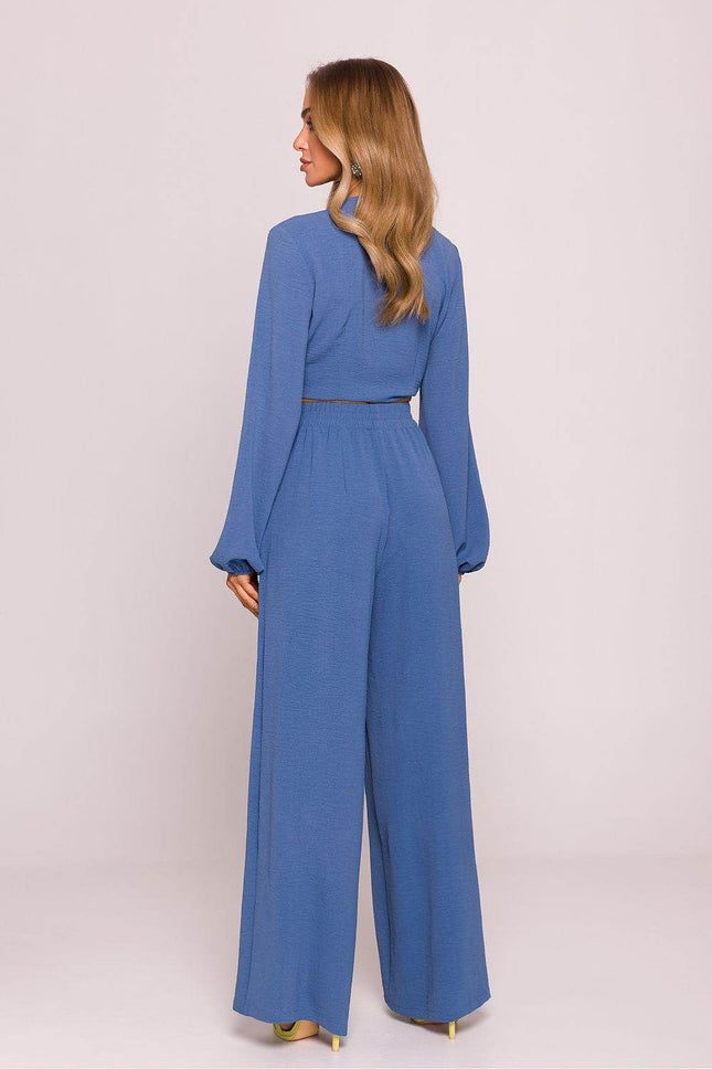 Wide-Leg Crepe Pants with High Elastic Waist - MimiStylez