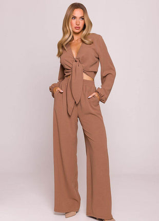 Wide-Leg Crepe Pants with High Elastic Waist - MimiStylez