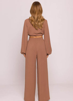 Wide-Leg Crepe Pants with High Elastic Waist - MimiStylez