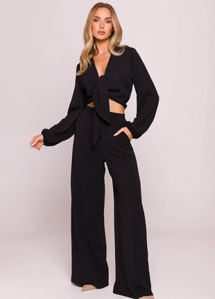 Wide-Leg Crepe Pants with High Elastic Waist - MimiStylez