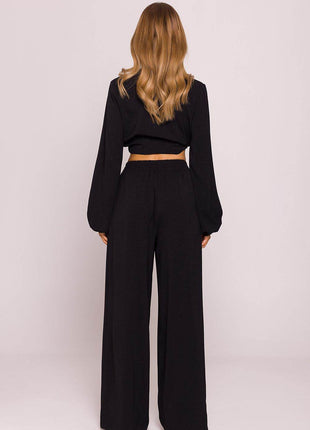 Wide-Leg Crepe Pants with High Elastic Waist - MimiStylez