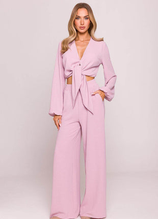 Wide-Leg Crepe Pants with High Elastic Waist - MimiStylez