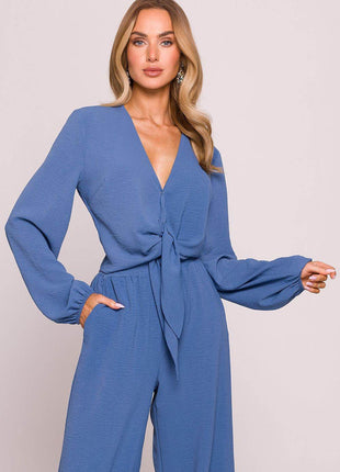 Crepe Crop Blouse with Puffy Sleeves and Tie-Front Detail - MimiStylez