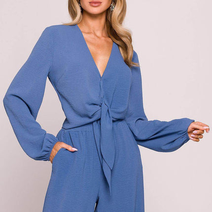 Crepe Crop Blouse with Puffy Sleeves and Tie-Front Detail - MimiStylez