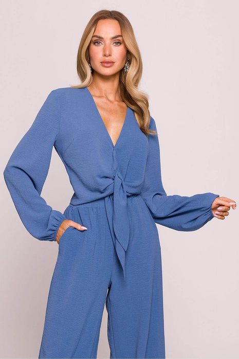 Crepe Crop Blouse with Puffy Sleeves and Tie-Front Detail - MimiStylez