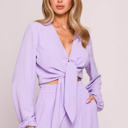 Crepe Crop Blouse with Puffy Sleeves and Tie-Front Detail - MimiStylez