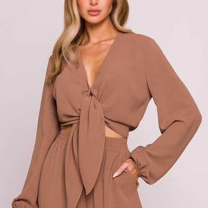 Crepe Crop Blouse with Puffy Sleeves and Tie-Front Detail - MimiStylez