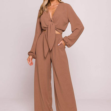 Crepe Crop Blouse with Puffy Sleeves and Tie-Front Detail - MimiStylez
