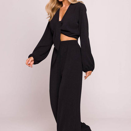 Crepe Crop Blouse with Puffy Sleeves and Tie-Front Detail - MimiStylez