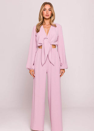 Crepe Crop Blouse with Puffy Sleeves and Tie-Front Detail - MimiStylez