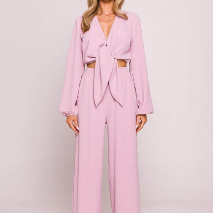 Crepe Crop Blouse with Puffy Sleeves and Tie-Front Detail - MimiStylez