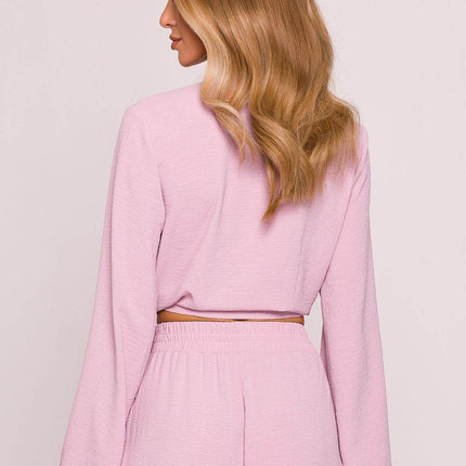 Crepe Crop Blouse with Puffy Sleeves and Tie-Front Detail - MimiStylez