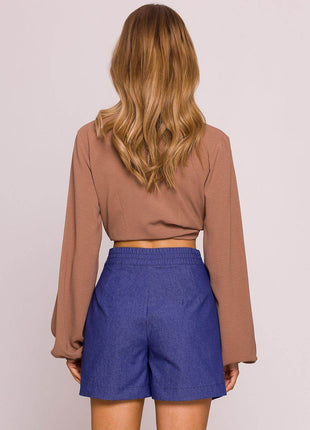 High-Waisted Cotton Shorts with Front Pleats and Side Pockets - MimiStylez