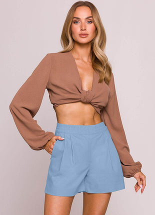 High-Waisted Cotton Shorts with Front Pleats and Side Pockets - MimiStylez