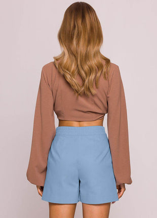 High-Waisted Cotton Shorts with Front Pleats and Side Pockets - MimiStylez