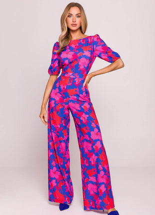 Floral Wide-Leg Jumpsuit with Puff Sleeves and Back Cut-Out - MimiStylez