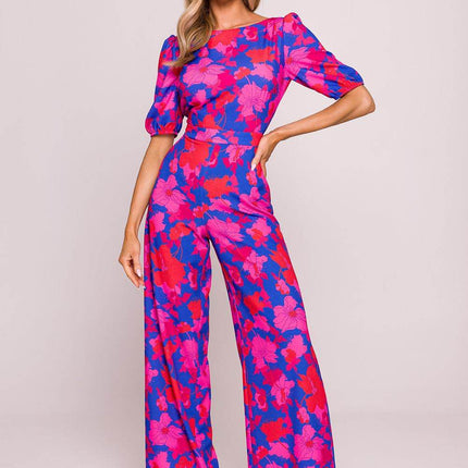 Floral Wide-Leg Jumpsuit with Puff Sleeves and Back Cut-Out - MimiStylez