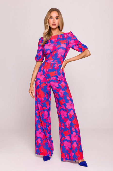 Floral Wide-Leg Jumpsuit with Puff Sleeves and Back Cut-Out - MimiStylez