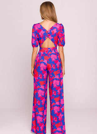 Floral Wide-Leg Jumpsuit with Puff Sleeves and Back Cut-Out - MimiStylez