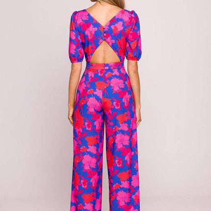 Floral Wide-Leg Jumpsuit with Puff Sleeves and Back Cut-Out - MimiStylez