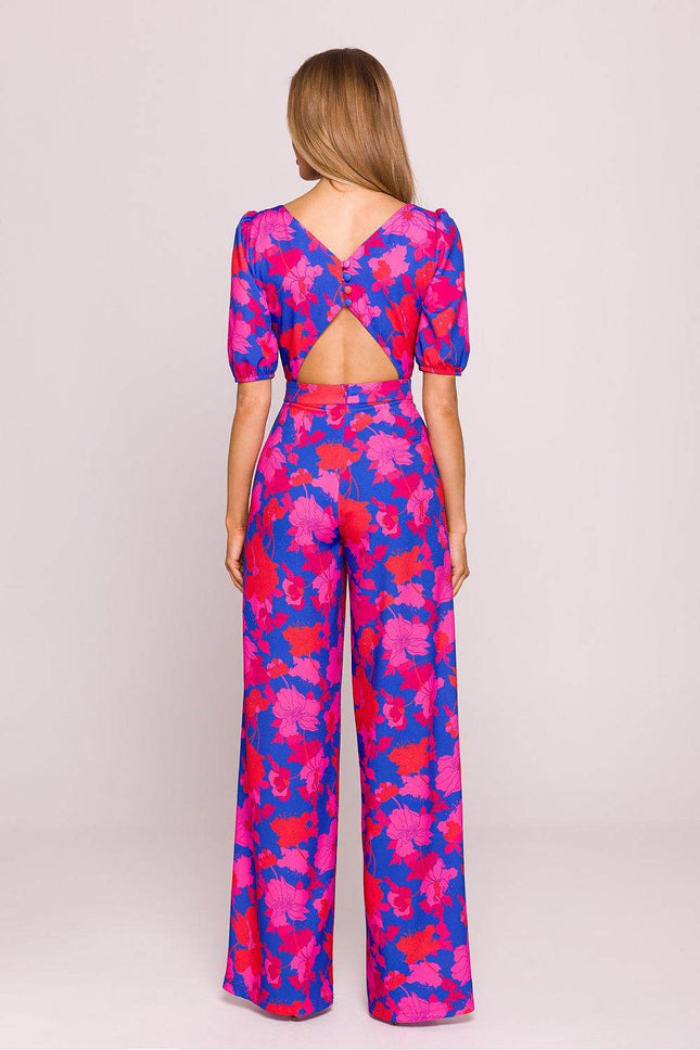 Floral Wide-Leg Jumpsuit with Puff Sleeves and Back Cut-Out - MimiStylez